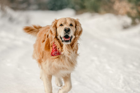 Golden retriever dog in winter timeの写真素材