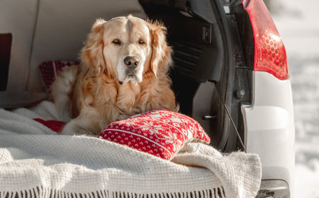 Golden retriever dog in car in winter timeの写真素材