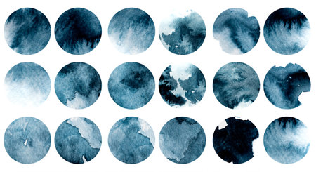 Watercolor abstract art paintings with blue spheres isolated on white background. Aquarelle drawings on textured paper canvasの写真素材