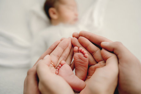 Newborn baby boy and parents portraitの写真素材