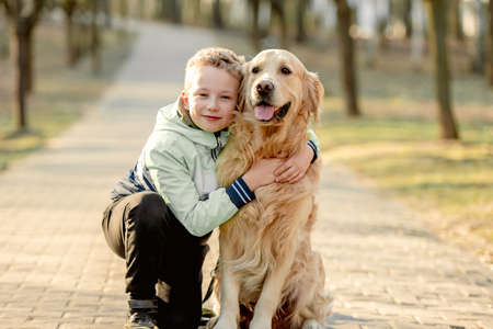Preteen boy with golden retriever dogの写真素材
