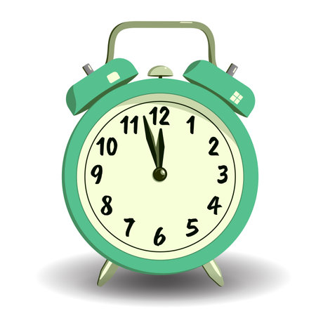 Red clock in vector design with morning alarm, numbers and arrows isolated on white background. Graphic watch object as symbol of timeのイラスト素材