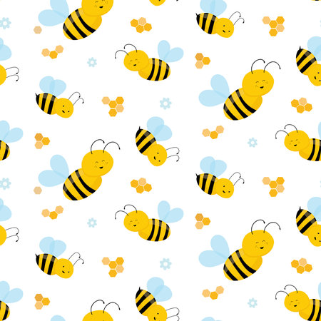Flying cute bees seamless pattern. Vector cartoon black and yellow bumblebees isolated on white background.のイラスト素材