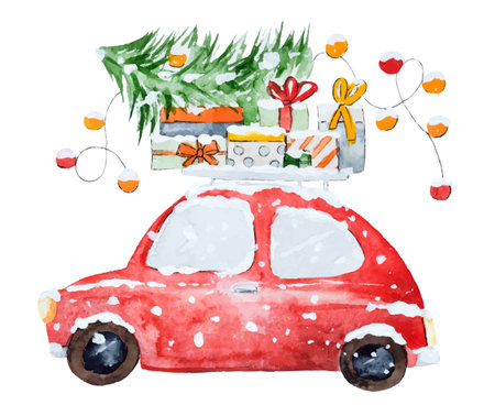 Christmas vintage car full of gifts. Vector image in watercolor style. New Year Xmas card painted with aquarelleのイラスト素材