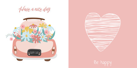 Pink cartoon car vector drawing with summer spring flower bouquet on white background. Cute vehicle with floral blossom decorationのイラスト素材