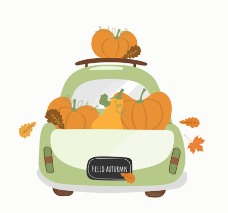 Cartoon car with pumpkins vector drawing as symbol of autumn harvest and halloween. Cute vehicle with fall veggiesのイラスト素材