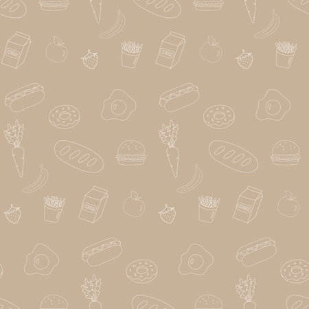 Food sketch seamless pattern with fast menu, bread and fruits with vegetables. Lunch meal with hamburger and french potatoeのイラスト素材