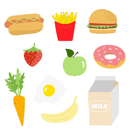 Colorful food menu with bread, eggs and fruits with vegetables. Lunch and breakfast meal with hamburger and french potatoeのイラスト素材