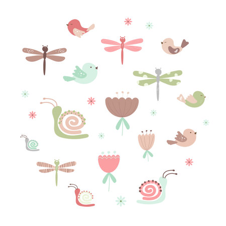 Spring summer vector cartoon painting with snail, bird and dragonfly in flower garden. Cute nature drawingsのイラスト素材