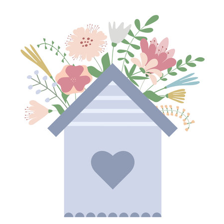 Floral seamless pattern with spring summer flowers bouquet and house with heart for spring holidays cards. Botanical romantic bouquets vector design for paper and invitationのイラスト素材