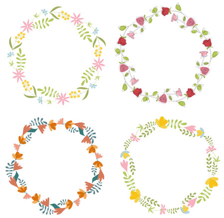 Floral seamless pattern with flowers and spring summer bouquets and wreathes. Botanical romantic vector design for social media and gift cardsのイラスト素材
