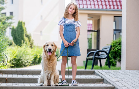 Preteen girl with golden retriever dogの写真素材