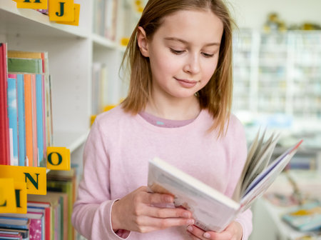Pretty girl child reading book in library