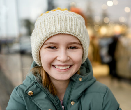 Preteen girl street portrait in cityの写真素材