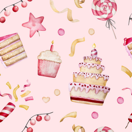 Happy Birthday cupcake watercolor illustrationの写真素材