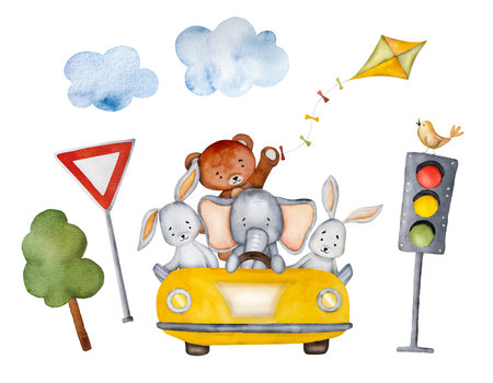 Cartoon animals in yellow car watercolor paintingの写真素材