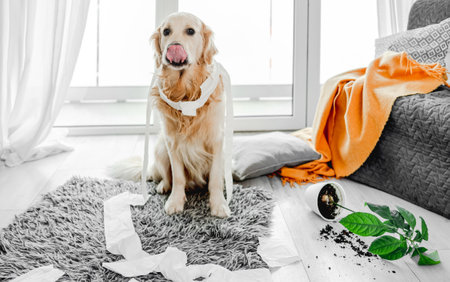 Golden retriever dog playing with toilet paperの写真素材