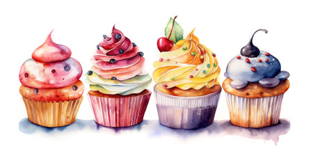 Cupcakes on a white background painted in watercolor. Generative AIの素材