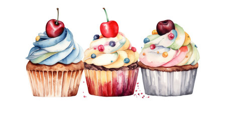 Cupcakes on a white background painted in watercolor. Generative AIの素材