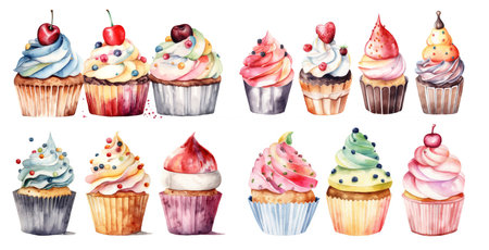 Cupcakes on a white background painted in watercolor. Generative AIの素材