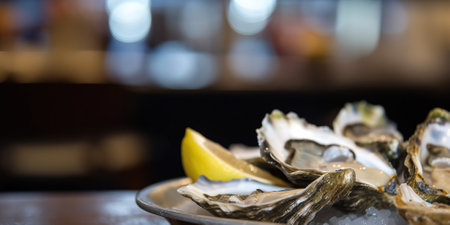 Fresh oysters with lemon served on round platter isolated on black background. generative AIの素材