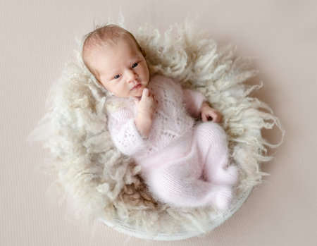 Newborn baby girl wearing knitted costume and looking at camera with thinking face expression. Infant child kid on fur studio portraitの写真素材