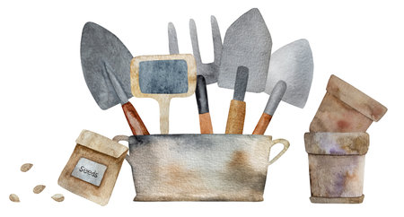 Garden tools rake, showel and secateurs in pot for plant cultivation and harvest watercolor painting. Agriculture equipment for farming and seeds aquarelle illustrationの写真素材