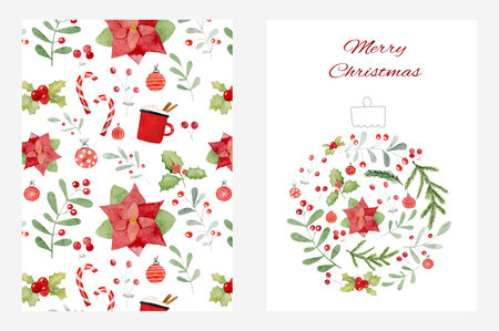 Merry Christmas postcard watercolor design with mistletoe, xmas tree and festive lollipop candies. Traditional new year ornament with seamless pattern decorationの写真素材