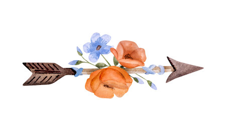 Floral arrow watercolor painting in boho style. Tribal bohemian symbol with flowers aquarelle drawingの写真素材