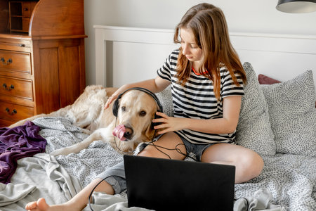 Pretty girl and golden retriever dog in headphones with laptop in bed. Female teenager with purebred doggy pet labrador study at pc onlineの写真素材