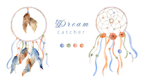 Tribal feather boho dreamcatcher watercolor ornament with text. Traditional dream catcher ethnic wing paintingの写真素材