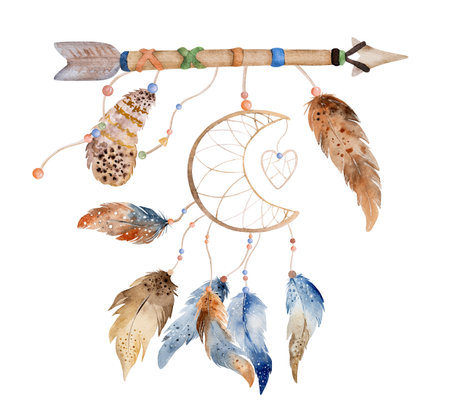 Tribal boho dreamcatcher watercolor ornament with aztec feathers and arrow. Traditional dream catcher ethnic wing paintingの写真素材