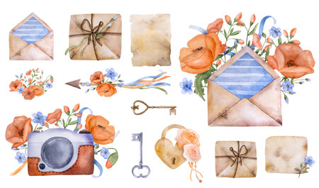 Boho style watercolor vintage paintings with lock, key and flowers for wedding postcard collection. Retro design camera lens and envelope with letter drawingsの写真素材