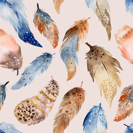 Tribal boho feathers watercolor ornament seamless pattern. Traditional ethnic wing painting in indian styleの写真素材