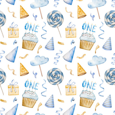Happy birthday cupcakes, lollipop and party hat blue watercolor seamless pattern. Postcard for newborn baby boy with sweet cakes and giftsの写真素材