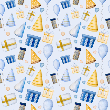 Happy birthday postcard with blue gift box, air ballon and party hat watercolor seamless pattern. Festive paintings for newborn baby boy with presentsの写真素材