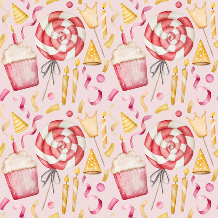 Happy birthday cupcakes, lollipop and party hat pink watercolor seamless pattern. Postcard for newborn baby girl with sweet cakes, candies and confettiの写真素材