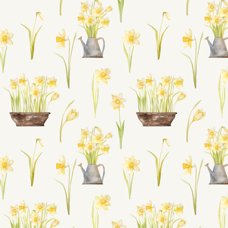 Spring flowers narcissus in watering can and pot watercolor seamless pattern. Yellow easter blossom plant daffodil aquarelle painting for design and decorationの写真素材
