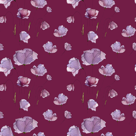 Watercolor spring summer flowers blossom on purple background seamless pattern Tender violet floral bouquet for decoration and postcard designの写真素材