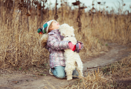 little cute girl with her dog breed White Terrier walking in a fieldの写真素材
