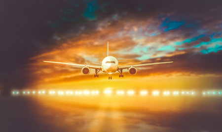 plane lands on the runway on a background of a magnificent sunsetの写真素材
