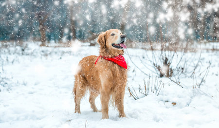 retriever walk at the snow in winter parkの写真素材