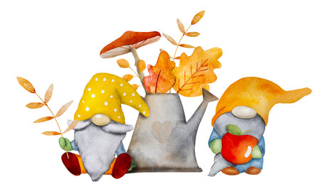 Cute gnome dwarfs with mushrooms and orange leaves harvest at autumn season watercolor illustration. Aquarelle cartoon elfs with appleの写真素材