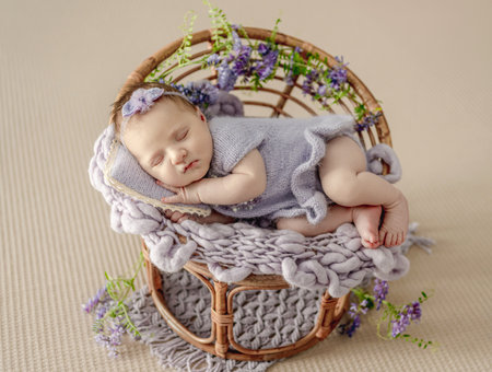 Newborn baby girl wearing knitted dress and wreath sleeping on chair decorated with purple flowers. Cute infant child kid nappingの写真素材
