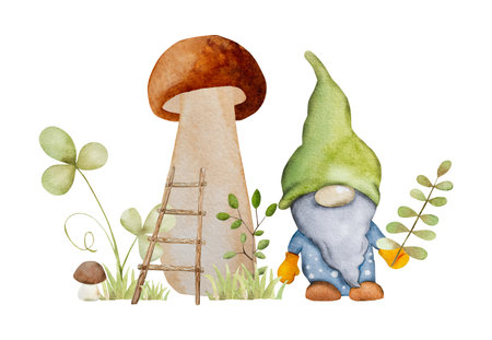 Forest dwarf with mushroom and ladder in garden watercolor painting. Fairytale character gnome with agaric and leaves aquarelle drawingの写真素材