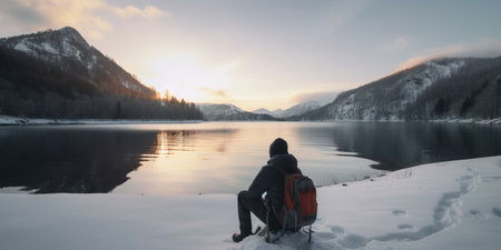 lonely tourist with backpack sitting near the Mountain Lake and looking at amazing panoramic view, generative AIの素材