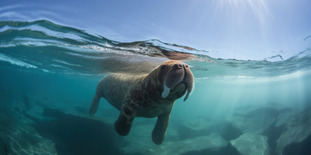 sea seal with a big fangs swimming in the ocean, generative AIの素材