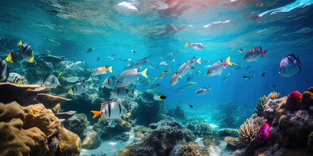 flock of fishes in a tropical sea through the coral reefs, underwater life, generative AIの素材