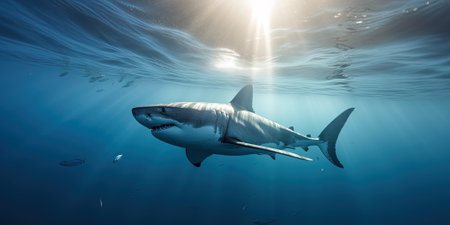big white shark in the ocean water near the surface with the sunlight underwater, generative AIの素材