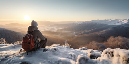 lonely Backpacker sitting at the top of snowy mountain and looking at far, beautiful panoramic landscape, generative AIの素材
